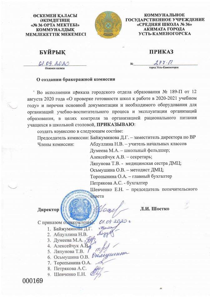 Приказ о создании бракеражной комиссии