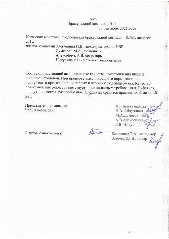 Акт бракеражной комиссии №1 2021г.