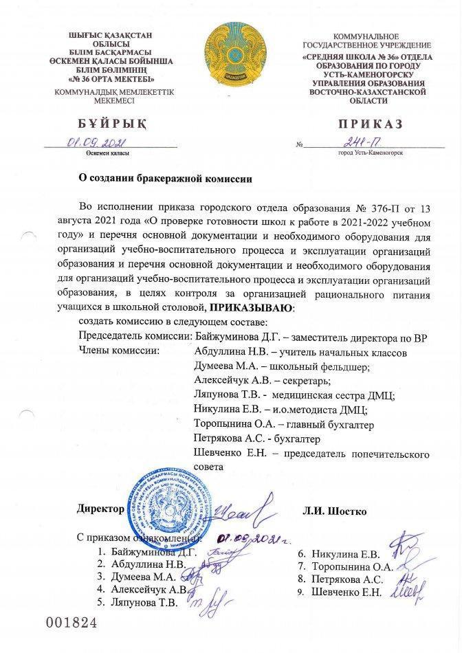 Приказ о создании бракеражной комиссии 2021г.