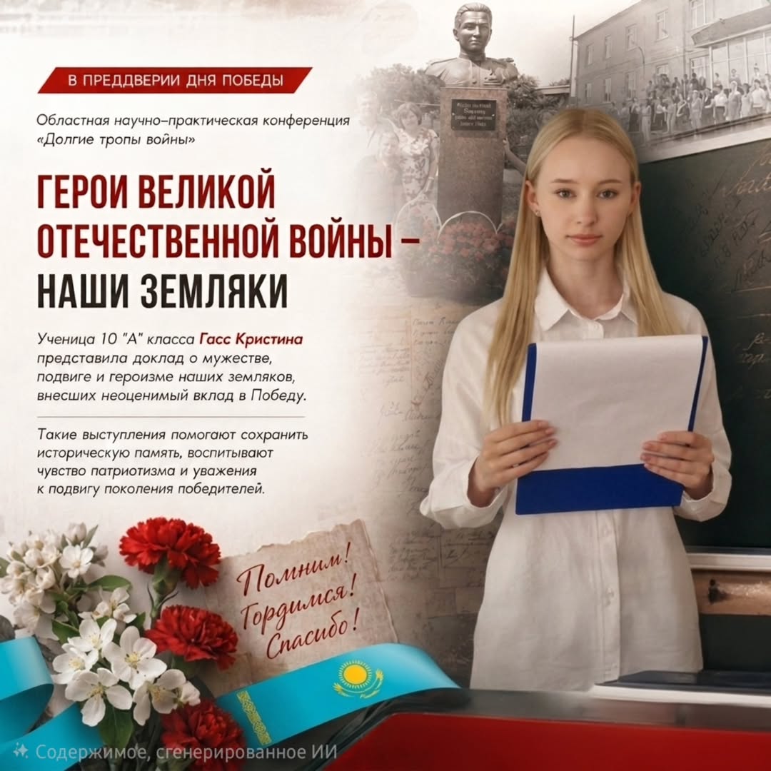 Ұлы Жеңіс күні қарсаңында 🎖️ 10 «А» сынып оқушысы Кристина Гасс 🌟 «Соғыстың ұзақ соқпақтары» атты облыстық ғылыми-тәжірибелік конференцияға қатысып, «Ұлы Отан соғысының батырлары — біздің жерлестеріміз» 📚 тақырыбында баяндама жасады.